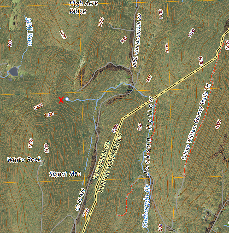 the headwaters of Catharpin Creek are in Fauquier County, west of Jackson Hollow on Bull Run Mountain