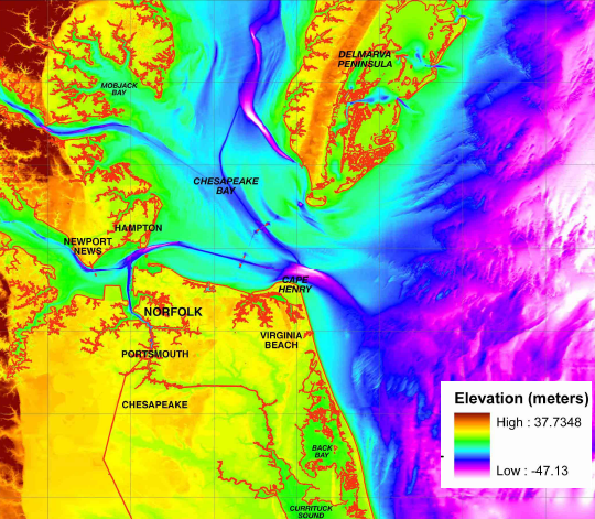 surface elevation and underwater bathymetry near Cape Henry