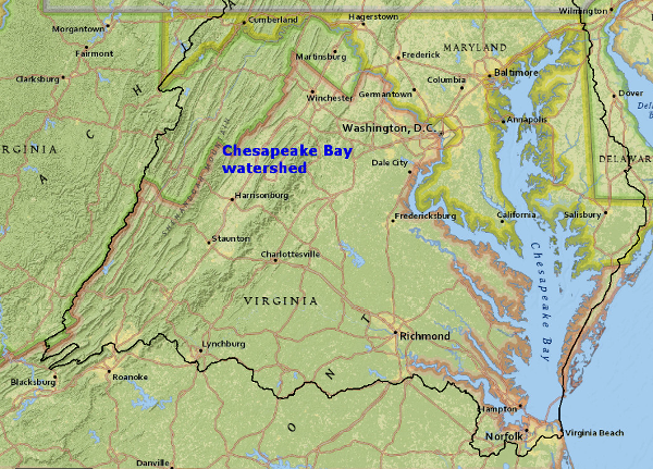 eastern half of the Eastern Shore is <u>not</u> in the Chesapeake Bay watershed - but land near Mountain Lake in Giles County is...