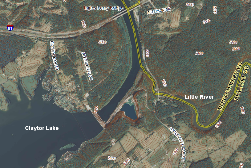 both Claytor Lake Dam on the New River and the much-smaller Little River dam take advantage of steady water flows plus topographic relief to generate electricity