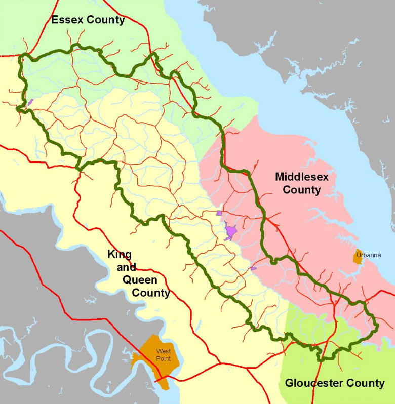 the Dragon Run watershed is on the Middle Peninsula, between the York River and the Rappahannock River