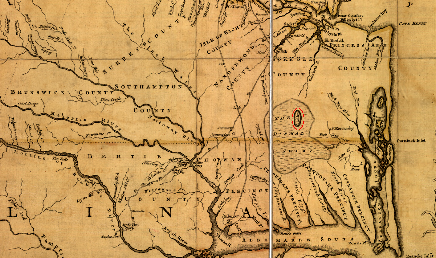 the 1755 Fry-Jefferson map of Virginia shows Lake Drummond, in the middle of the Dismal Swamp