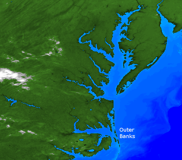 the Outer Banks barrier islands limited shipping access from the Atlantic Ocean to the Roanoke River, so port cities developed in the Chesapeake Bay and Delaware Bay watersheds and colonial settlement south of the James River was delayed