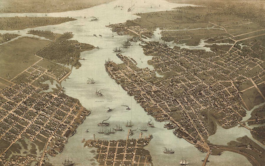 looking north towards the mouth of the Elizabeth River in 1873 (Portsmouth on the left, Norfolk on the right)