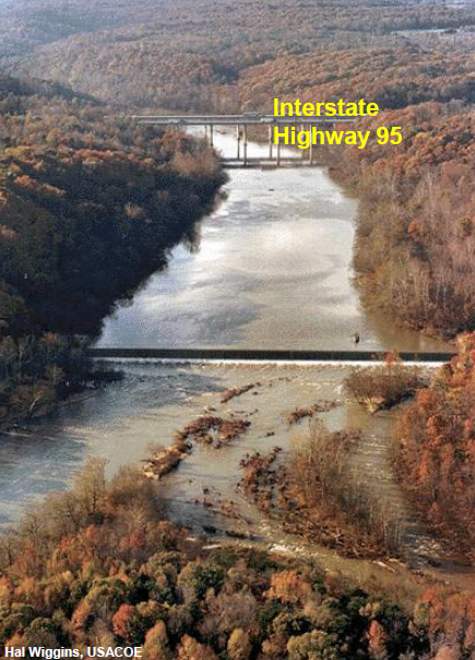 Embrey Dam, downstream of I-95 bridges across Rappahannock River, prior to its removal