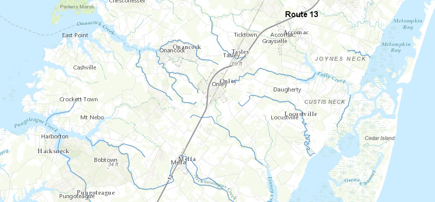 on the Eastern Shore, much of Route 13 follows the watershed divide, and the route helped the original dirt road dry quickly as well as minimize the number of bridges across creeks