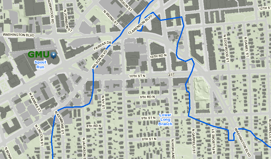 the Arlington campus is in Spout Run watershed, near divides with Rocky Run and Lower Long Branch that are obscured by modern development