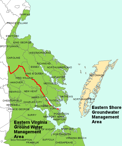 the Eastern Virginia Ground Water Management Area was expanded after 2014 to include the northern portion of the Coastal Plain (north of red line)
