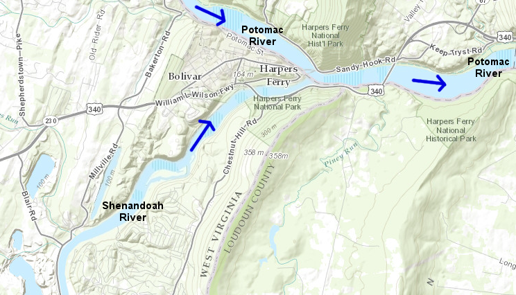 confluence of Potomac and Shenandoah rivers at Harpers Ferry