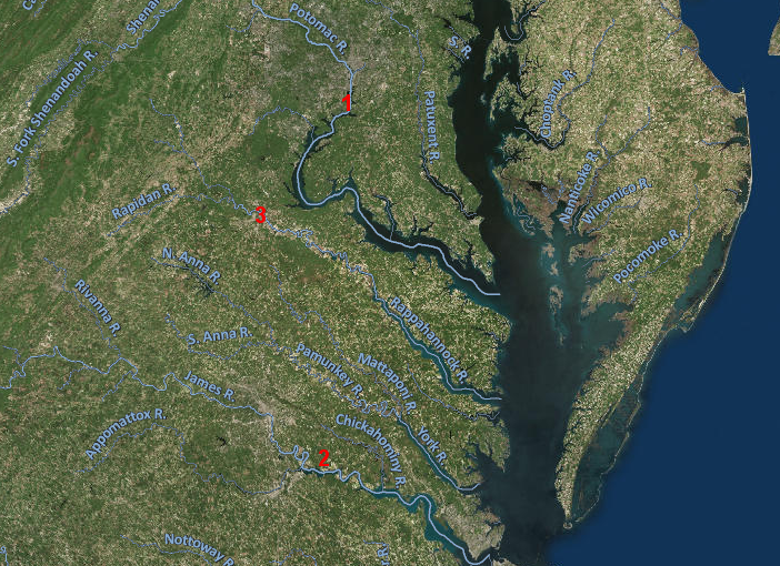 between 2003-14, adult shad were caught on the Potomac River (#1 on map), their fry were raised in a hatchery in the James River watershed (#2), and the young fish were used to restore the population on the Rappahannock River (#3)