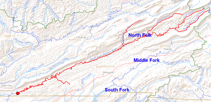 three forks of the Holston River merge just south of the Virginia-Tennessee border