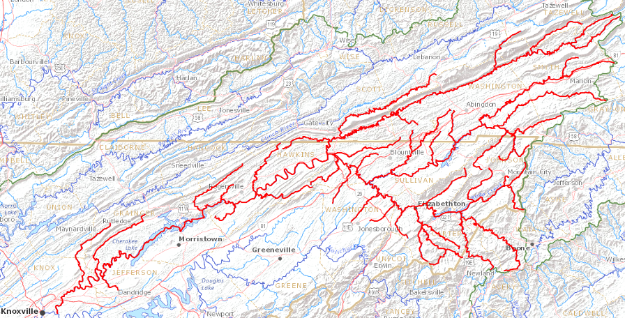 the Holston River and its tributaries (in red) drain much of southwestern Virginia