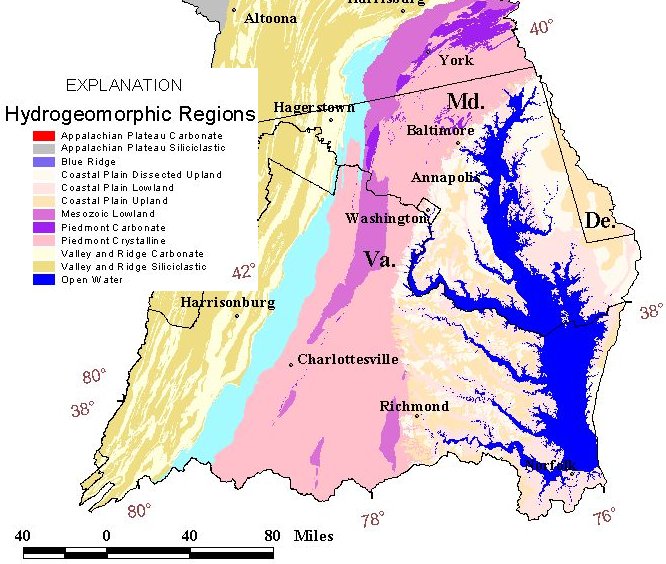 geology largely determines the availability of goundwater; wells drilled in limestone areas typically yield far more than wells drilled in the igneous Blue Ridge bedrock