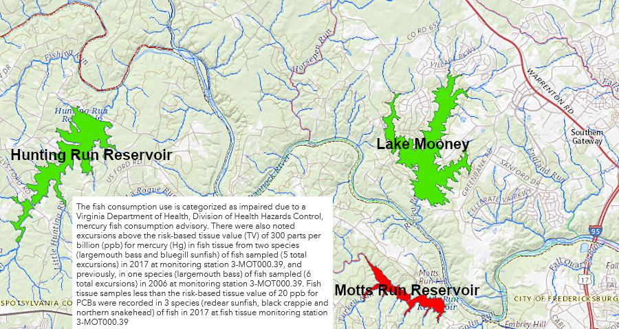 Motts Reservoir was impaired due to aerial deposiion of mercury, while two nearby reservoirs were not listed in 2020