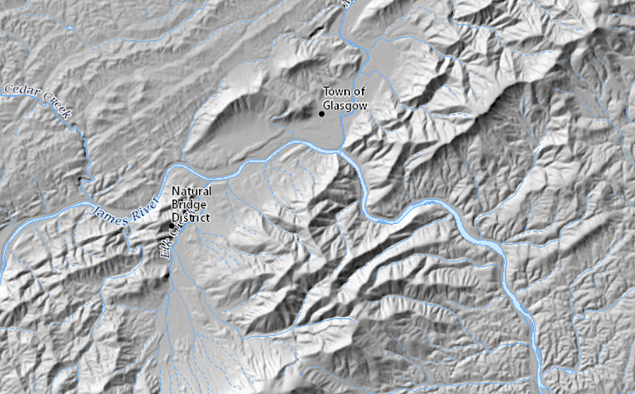 the James River cuts through the Blue Ridge, creating a water level route used by the James River and Kanawha Canal prior to the Civil War