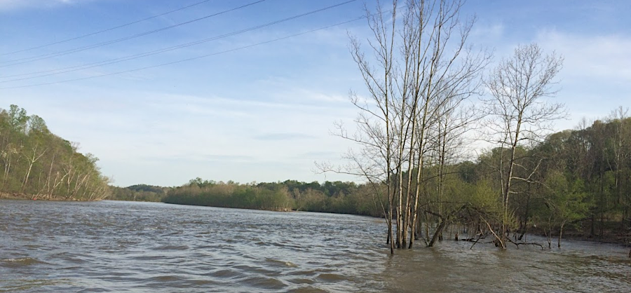 high water on the James River, just below the Reusens hydropower facility near Lynchburg