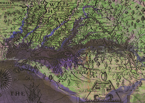 John Smith map overlayed on top of LANDSAT satellite image, showing actual location of rivers and shoreline