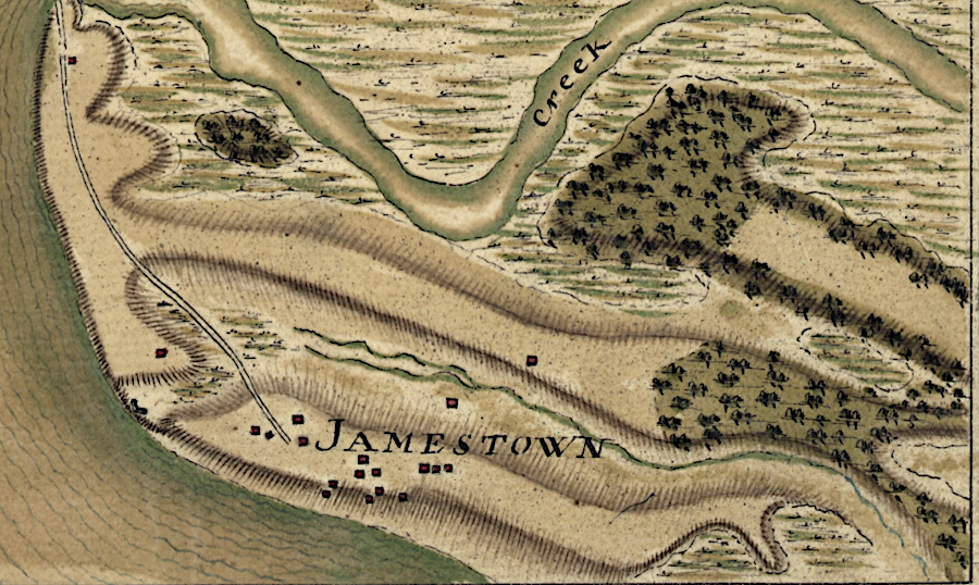 French troops in 1781 mapped structures on Jamestown Island next to the shoreline