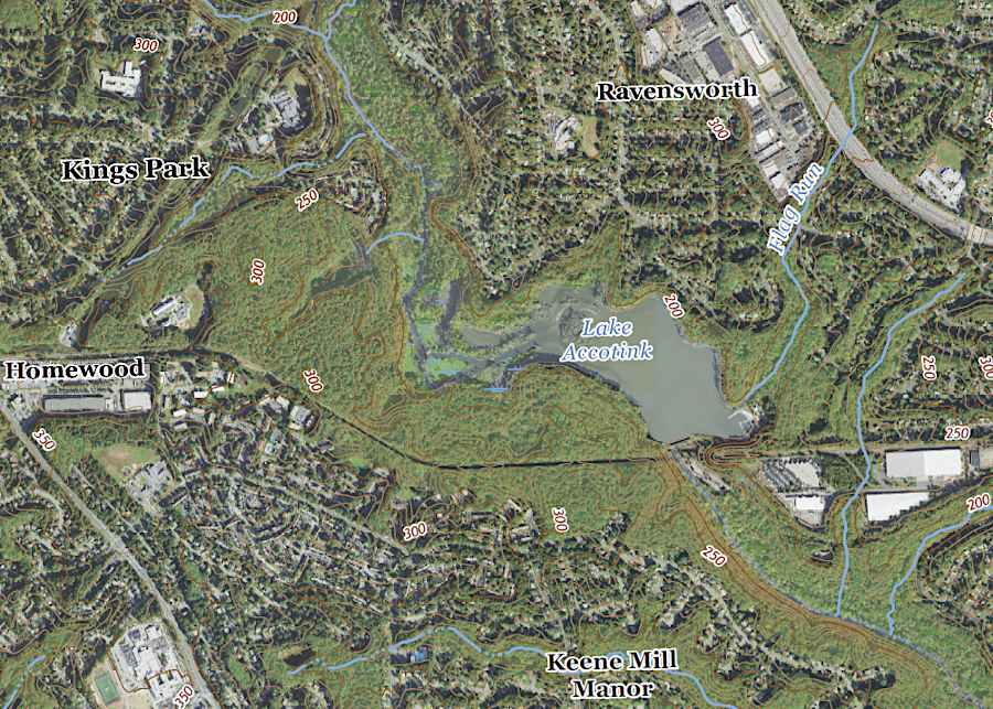 compared to 1945, today the watershed of Lake Accotink has a high percentage of impervious surfaces in modern subdivisions