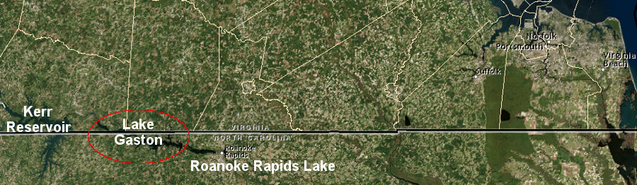 Lake Gaston is sandwiched between Roanoke Rapids Lake and Kerr Reservoir (Buggs Island Lake), 100 miles west of the resort area of Virginia Beach