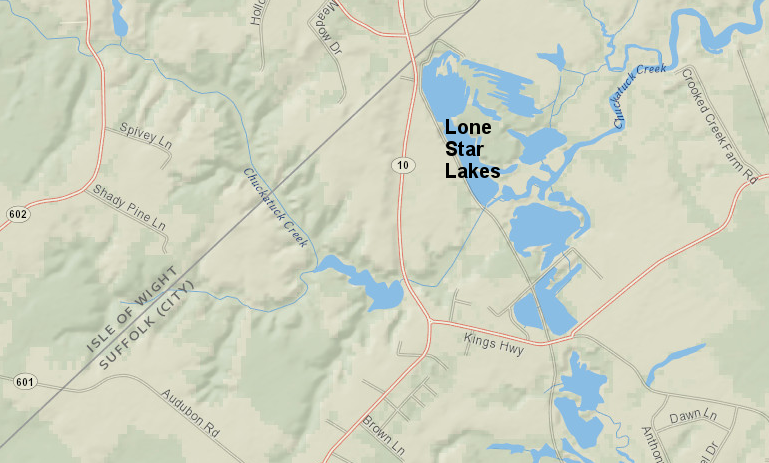 starting in the 1920's, Lone Star Industries dig pits along Chuckatuck Creek to excavate marl for cement, and since 1977 Lone Star Lakes have been part of the City of Suffolk water supply