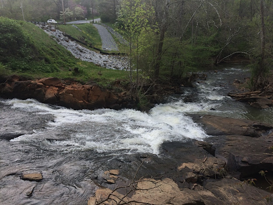 Blackwater Creek downstream of College Lake and US 221 (Lakeside Drive), as seen from the spillway bridge in April, 2019