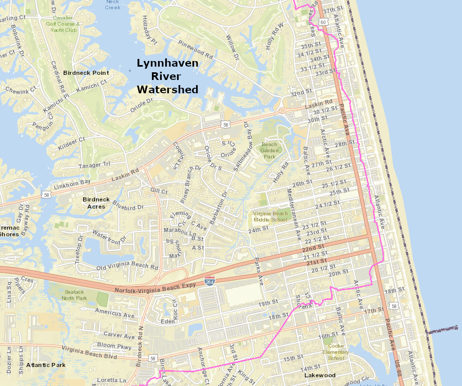 Atlantic Avenue, in the resort area of Virginia Beach, is not within the Lynnhaven River watershed