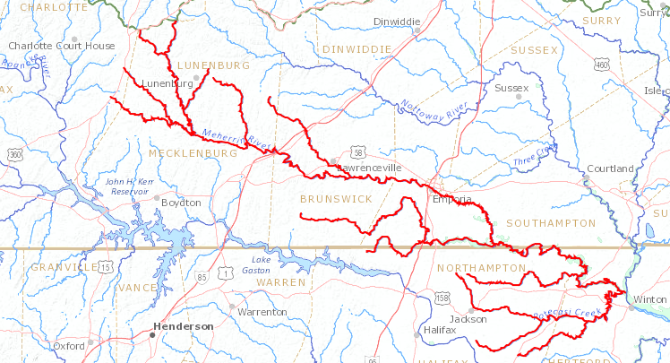 the Meherrin River flows through the Virginia Piedmont to the Chowan River, south of the Virginia-North Carolina border