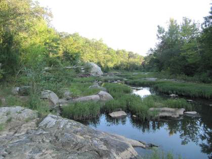 exposed outcrops in the bed of the Meherrin River include Big Rock (left) and a natural rock shelf at Union Mill (right)