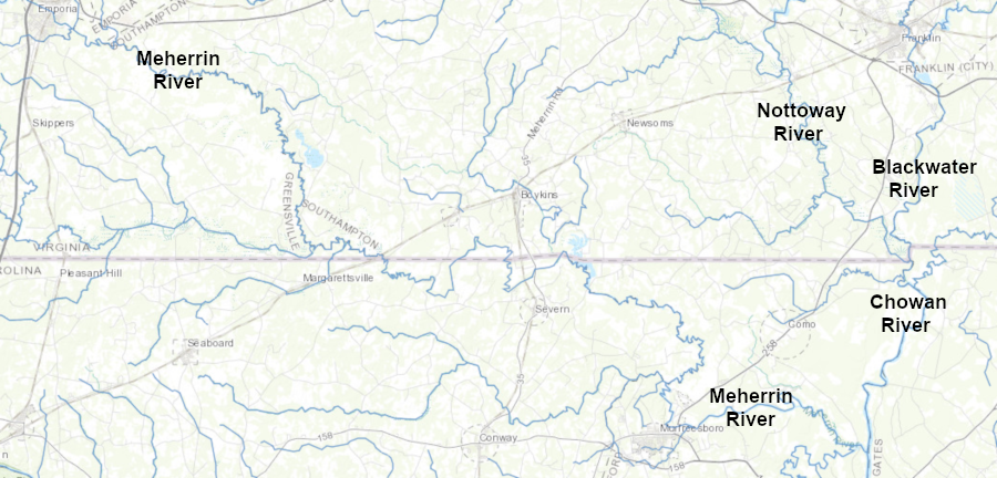 the Meherrin River flows into North Carolina before joining the Chowan River east of Murfreesboro
