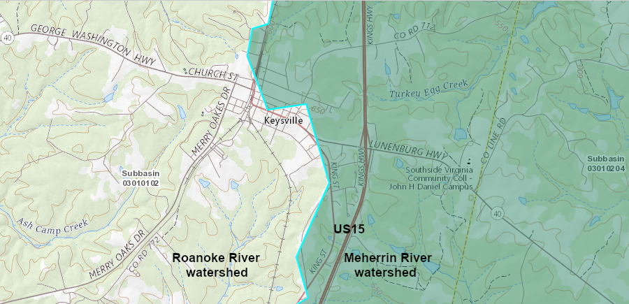 US 15 in northern Charlotte County marks the watershed divide between the Roanoke and Meherrin rivers