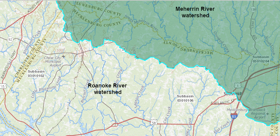 Highway 47 in Mecklenburg County marks the watershed divide between the Roanoke and Meherrin rivers