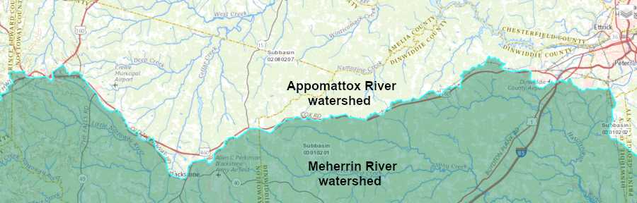 the Appomattox River is the Appomattox River is north of US 460 and drains to the Chesapeake Bay, but the Meherrin River drains to Albemarle Sound