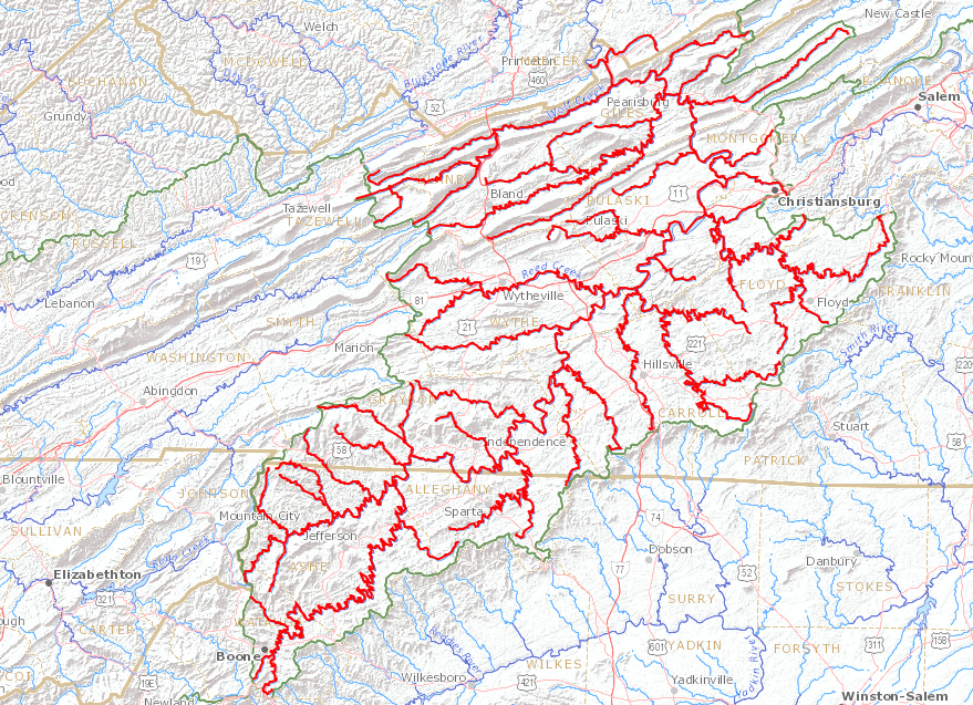 the New River starts in North Carolina, flows through Virginia west of the Blue Ridge, then crosses into West Virginia