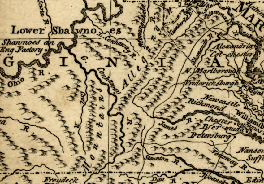 in 1755, the river flowing from North Carolina through Virginia to the Ohio River was labeled the Conhaway (later spelled Kanawha)