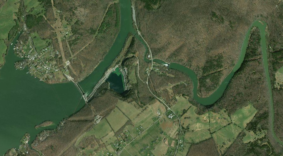 just upstream of I-81, dams block the natural flow on the New River (left) and its Little River tributary (right)