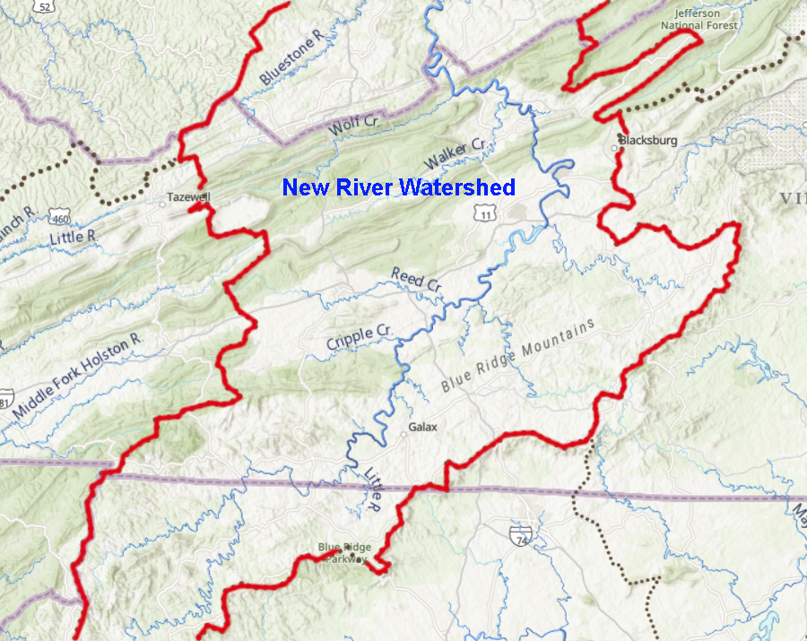 boundaries of the New River watershed in Virginia