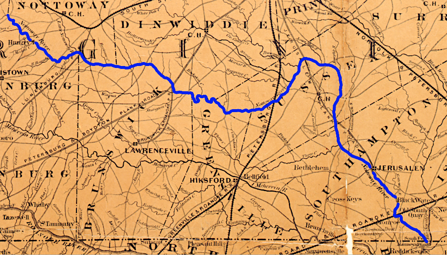 the limited navigability of the Meherrin River was overcome by roads and railroads to Petersburg and Portsmouth prior to the Civil War
