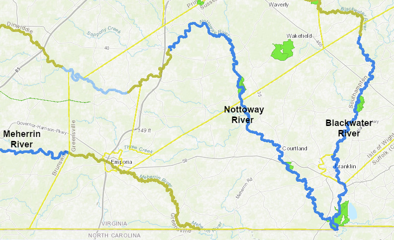 segments of the Meherrin, Nottoway, and Blackwater rivers have been designated as state scenic rivers