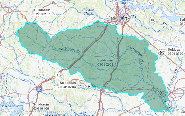 the Nottoway River watershed stretches from Prince Edward County to the North Carolina border