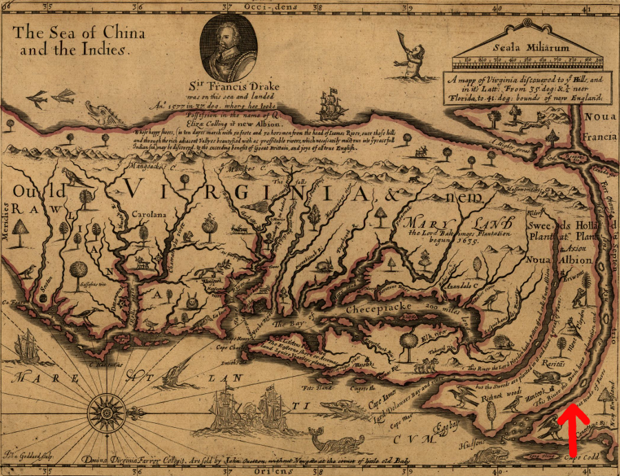 John Farrer's 1667 map showing presumed Northwest Passage (red arrow) to Pacific Ocean just west of the Blue Ridge Mountains (map is oriented with north to the right, and west at the top)