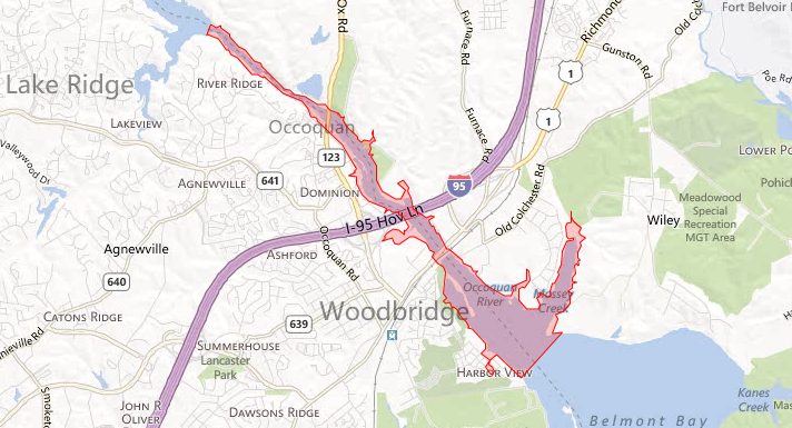 area downstream that could be affected by a disastrous break of Occoquan Dam