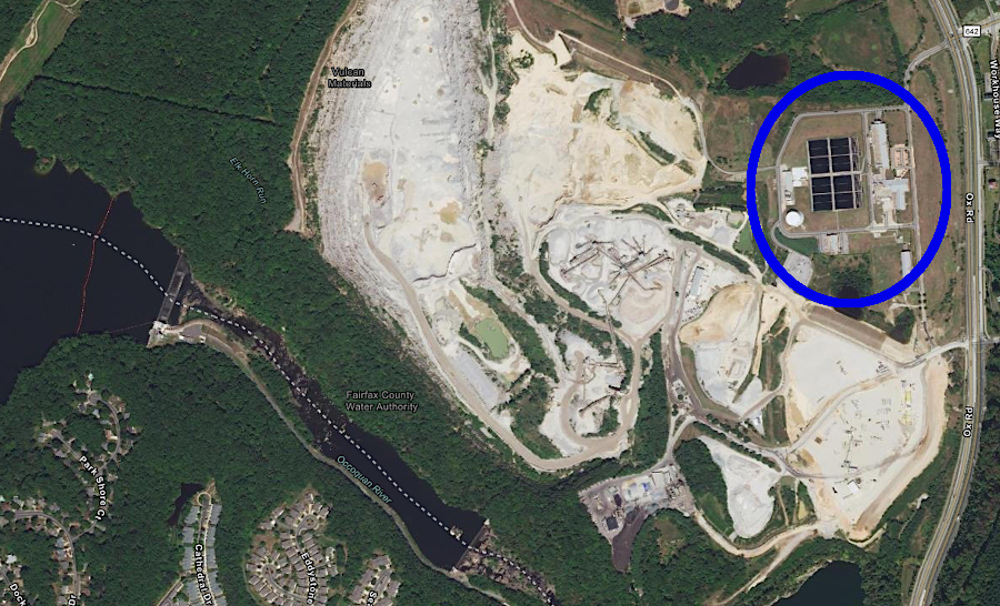 Fairfax Water processes raw water from the Occoquan Reservoir at the Griffith plant (blue circle) without chlorine, by using membranes to filter particles and ozone to kill bacteria
