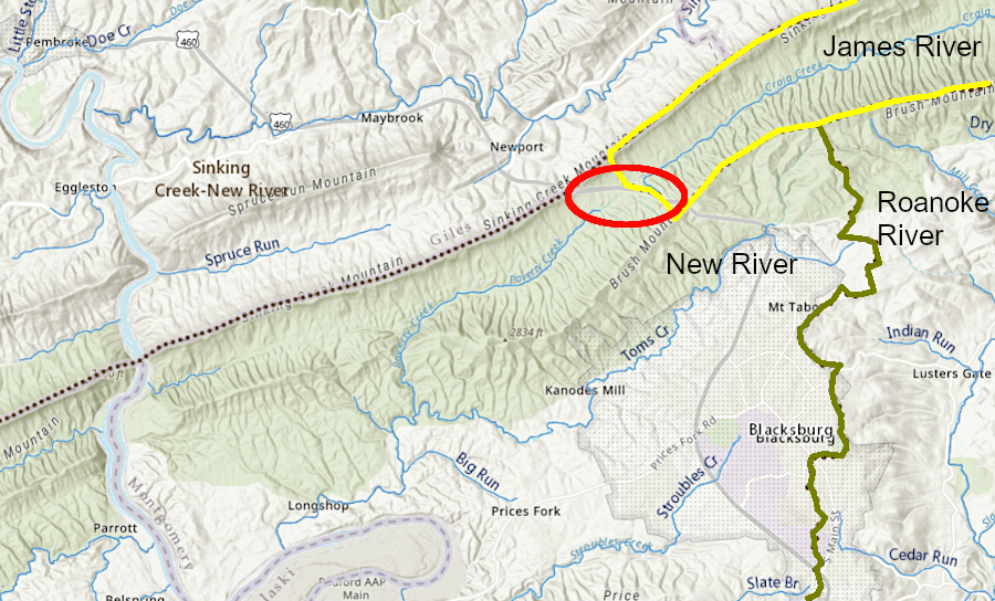 Craig Creek may etch upstream past the watershed divide at US 460 (red circle) and pirate the New River, diverting that water into the Chesapeake Bay via the James River