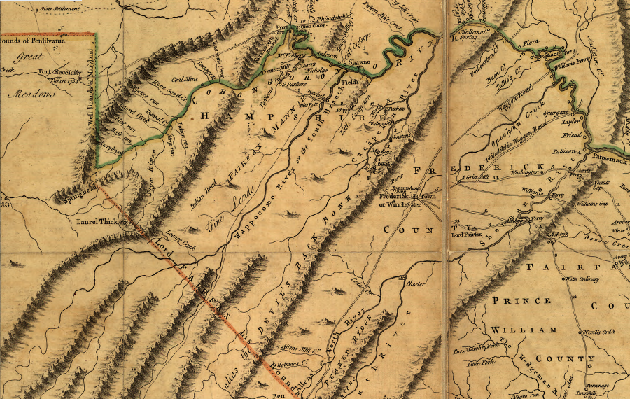 by 1755, Joshua Frye and Peter Jefferson clarified the locations of the north and south branches of the Cohongoranto River