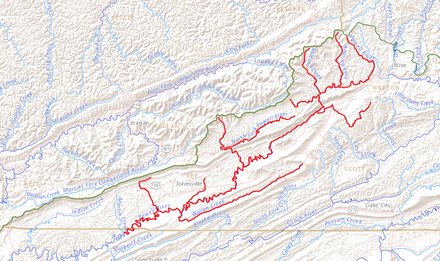 the Powell River drains the eastern side of Cumberland Mountain on the Virginia-Kentucky border