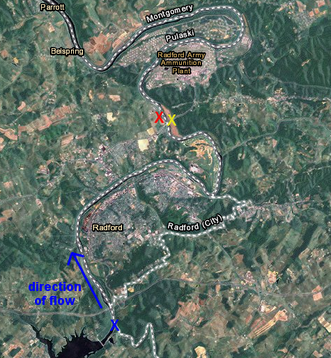 the City of Radford gets raw water for its drinking water plant from a site on the New River (blue X) upstream of its discharge point for wastewater (red X) - and discharges downstream of the drinking water intake for the Blacksburg-Christiansburg-VPI Water Authority (yellow X)