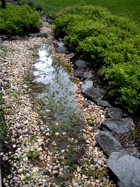 artificial stream to drain stormwater behind Research 1 building on Fairfax Campus of GMU