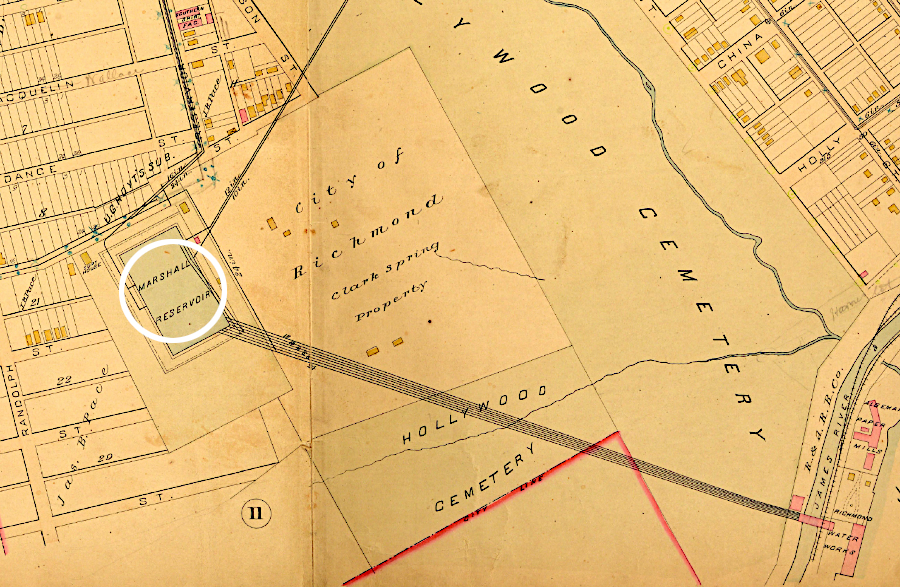 the Marshall Reservoir was west of Hollywood Cemetery and the developed area in Richmond - initially