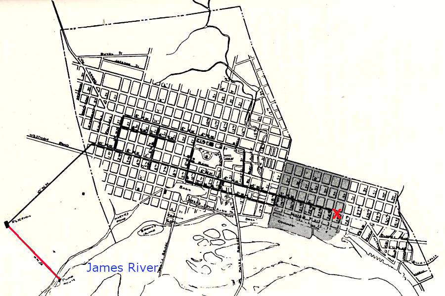 the pump house sent water uphill via pipeline (in red) to the Marshall Reservoir; other pipes sent water as far east as 24th Street (red X)